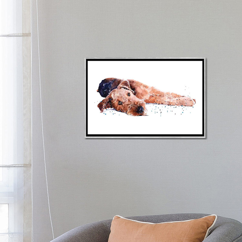 " Airedale I " by EdsWatercolours, No Mat, 18" H x 26" W x 1.5" D, Silver Framed Canvas