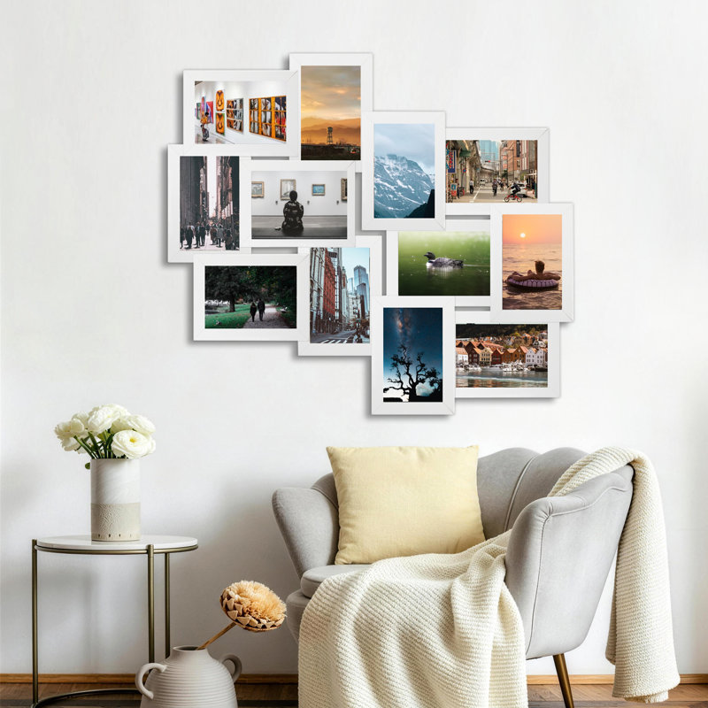 Staggered 12 Opening Collage Picture Frame Set, White PVC Wall Gallery Decor, White