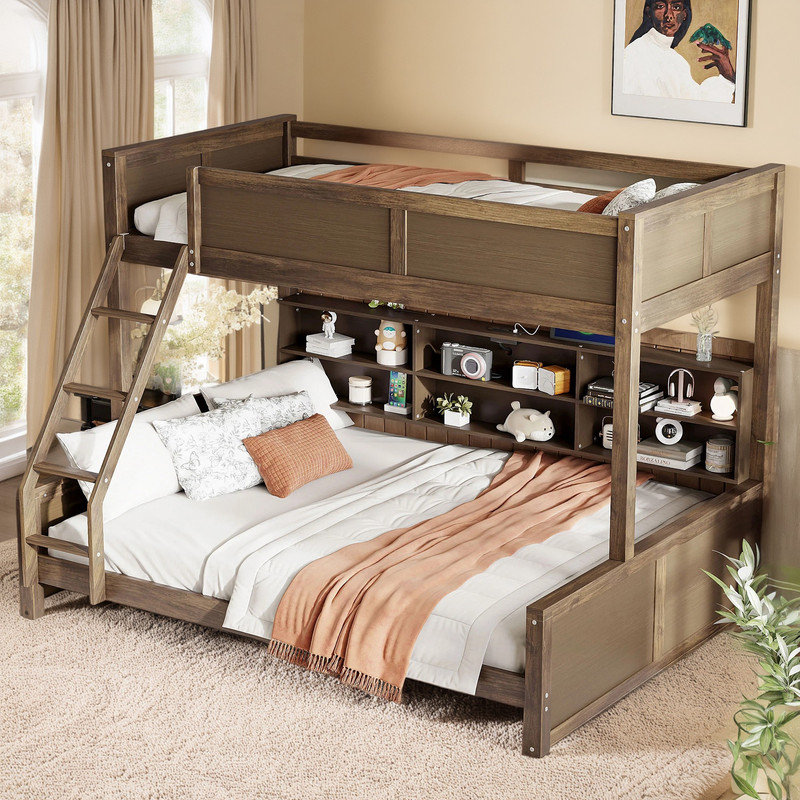 Full XL over Queen over Queen Bunk Bed with Storage Cabinets, USB Ports, and Built-in Convenience, Brown