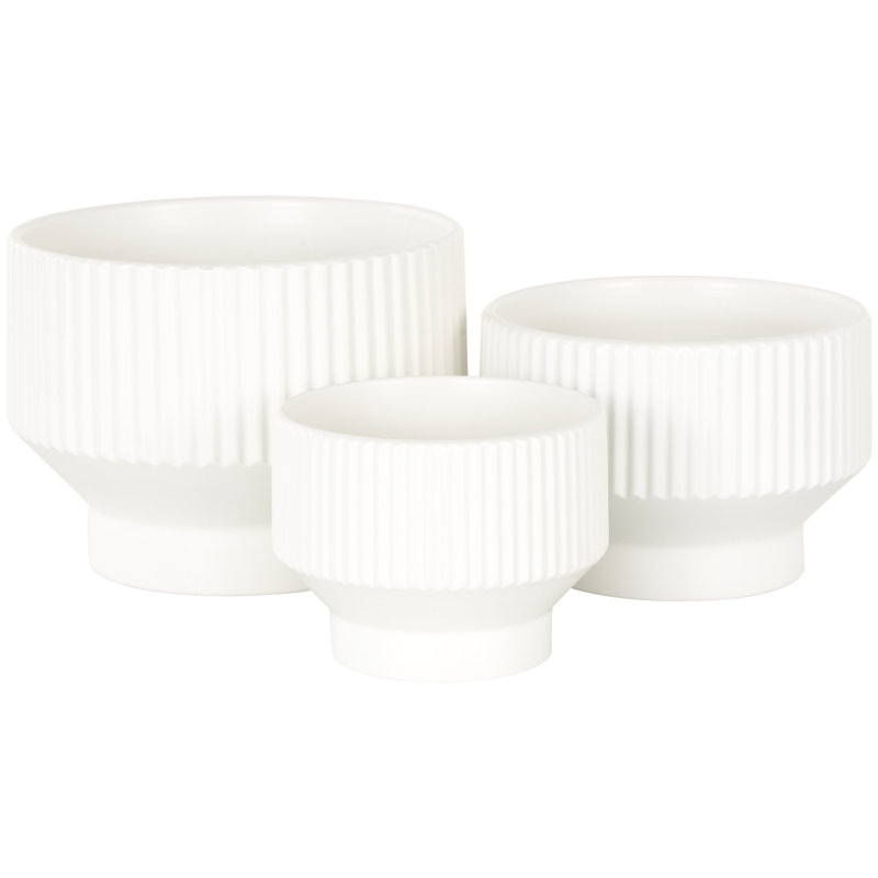 White Ribbed Ceramic 3-Piece Round Planter Set