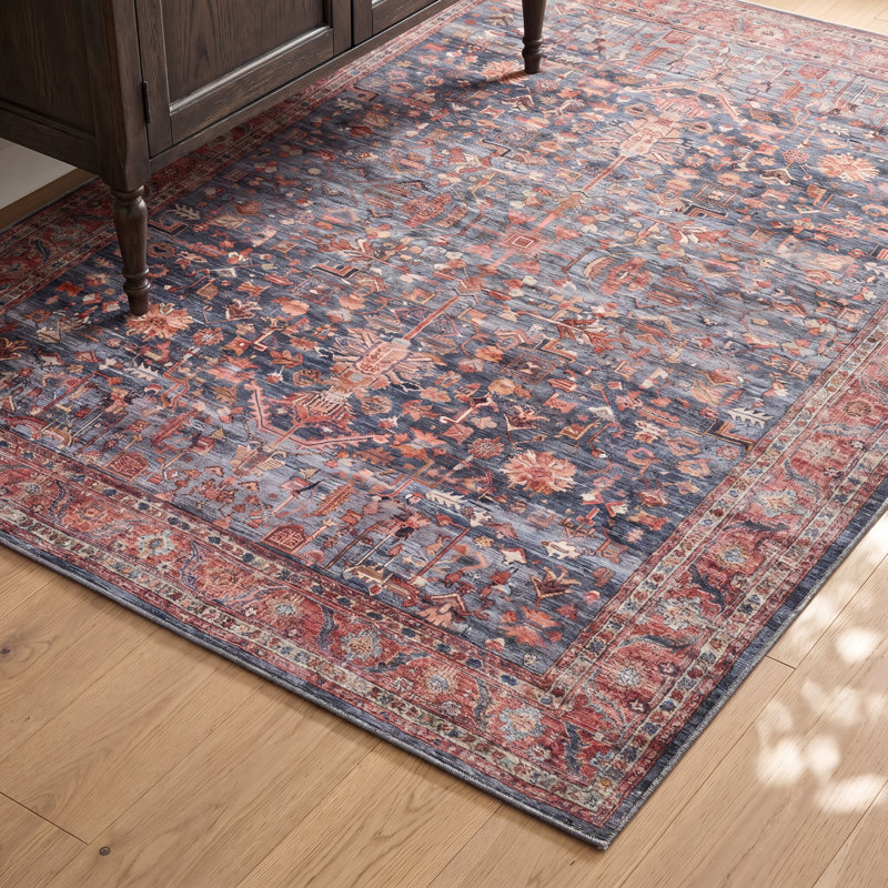 Lotte Oriental Machine Washable Flatweave Area Rug in Navy Blue/Brick Red, Rectangle 7'10" x 9'10"