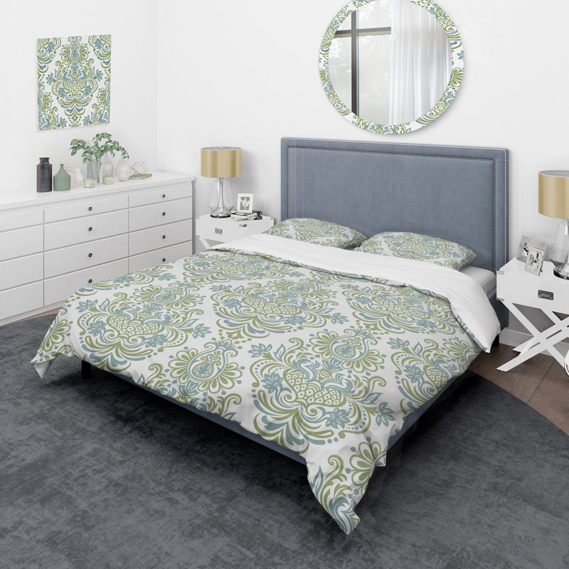 Damas vert et blanc - ensemble de housse de couette abstrait - microfibre de polyester