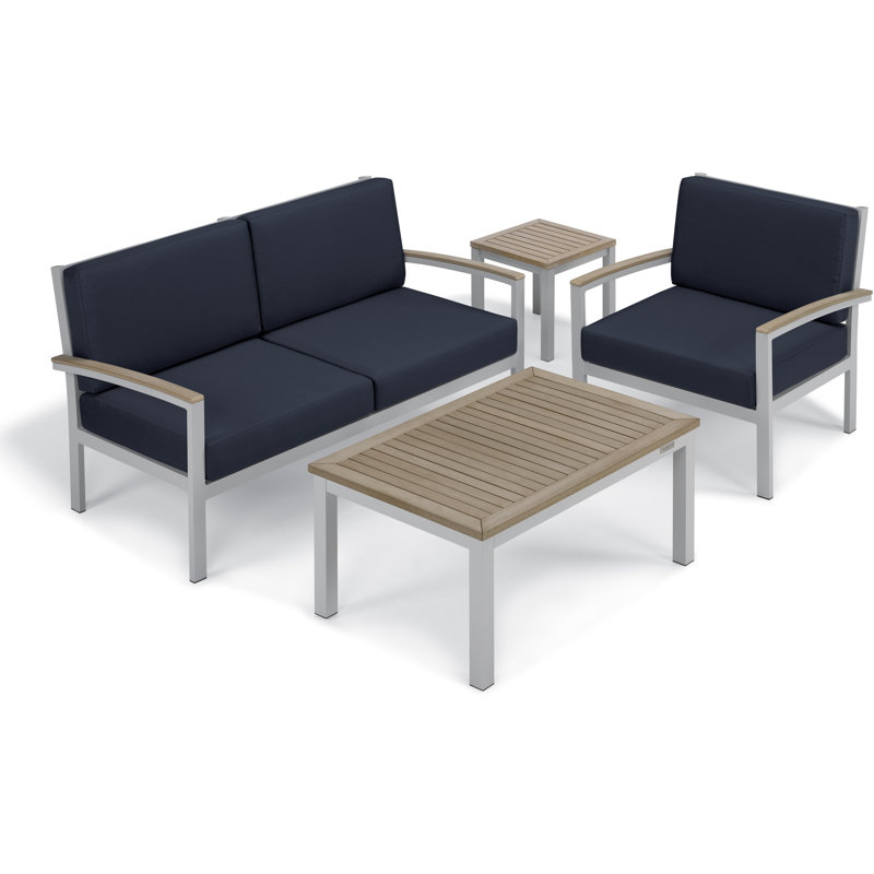Travira 4 Piece Sofa Set with Cushions, Vintage Teakwood, Midnight Blue