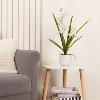 51cm Faux Real Touch 2-stem White Mini Cymbidium Orchid in Ceramic Pot