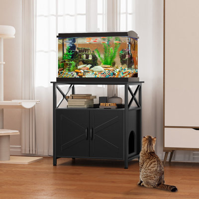 20-29 Gallon Fish Tank Stand with Cat Litter Box Enclosure Furniture, Aquarium Terrarium Stand with Shelf Storage,30.7" Lx 17.32" W Tabletop, 330 lbs Capacity, Black