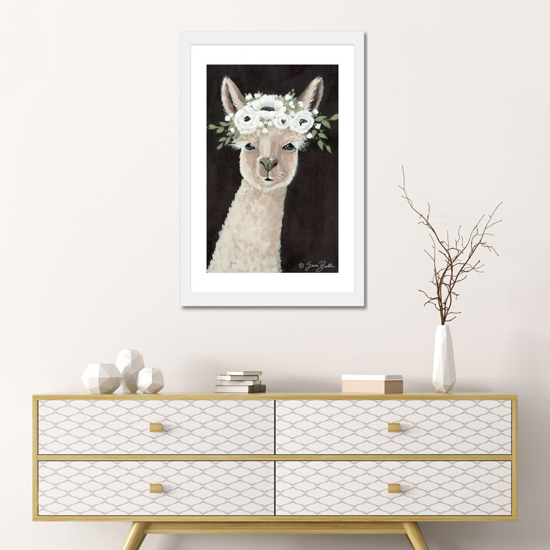 «Llama» par Sara Baker - reproduction d'art, Blanc, Papier encadré blanc, H 24 po x l 16 po x P 1 po