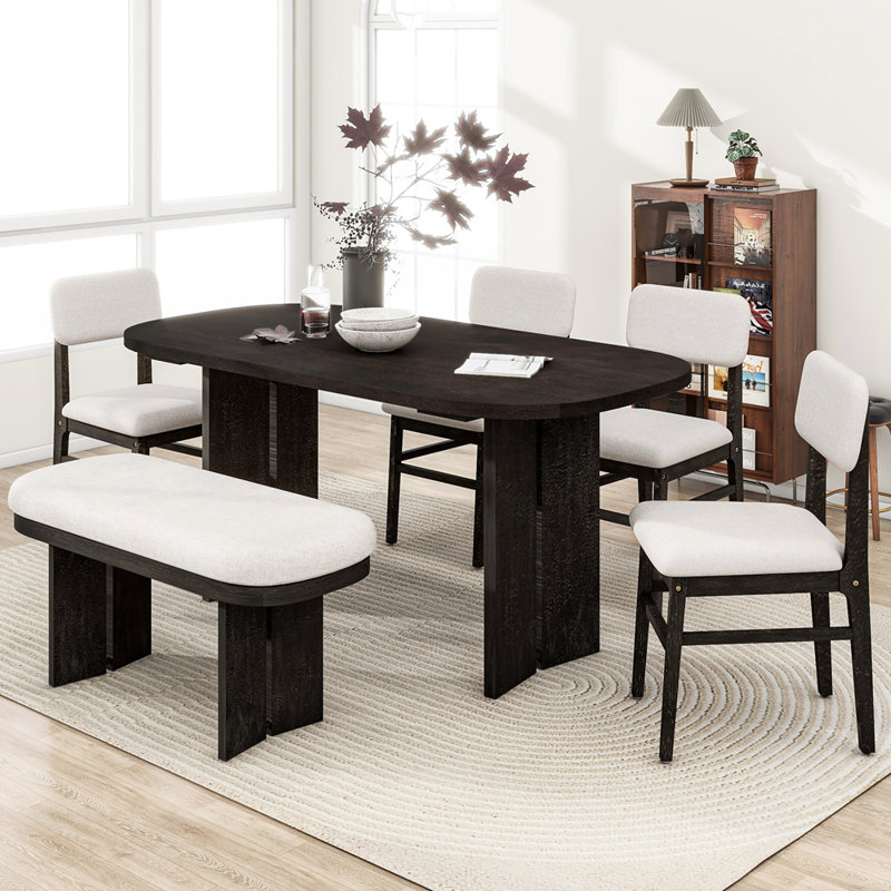 6-Piece Upholstered Rectangular Dining Room Table Set with Bench, Espresso