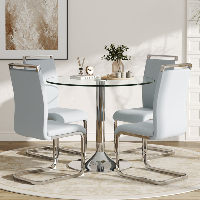 Ensemble de table de salle à manger moderne en verre trempé avec chaises rembourrées en similicuir, Gris clair