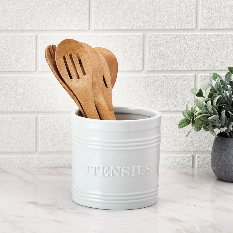 White Ceramic Bistro Utensil Crock with Embossed Design
