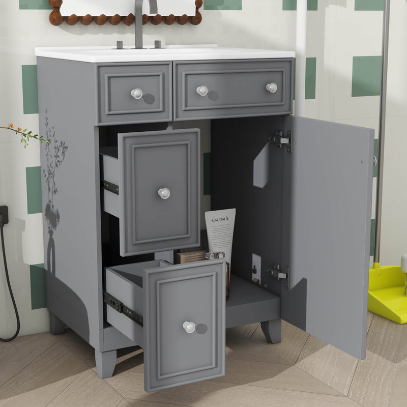 Meuble-lavabo 24 po avec lavabo en céramique et 2 tiroirs, meuble-lavabo autoportant résistant à l'eau avec 1 porte à fermeture en douceur
