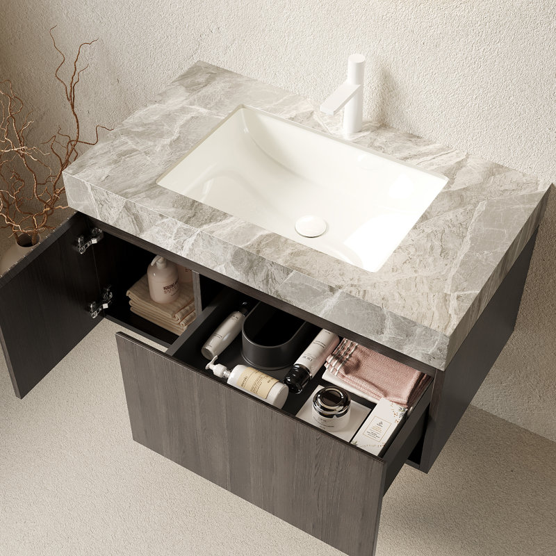 Meuble-lavabo et lavabo flottant Modern, plateau en pierre frittée, grain de bois Espressos