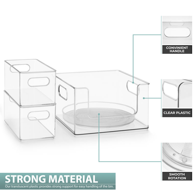 Sorbus Pantry Organizers and Storage Set (Set of 4) 1 Large Stackable Storage Bin Open Front 2 Narrow Stackable Storage Bins 1 Lazy Susan Organizer for Fridge, Clear Pantry Storage Bins