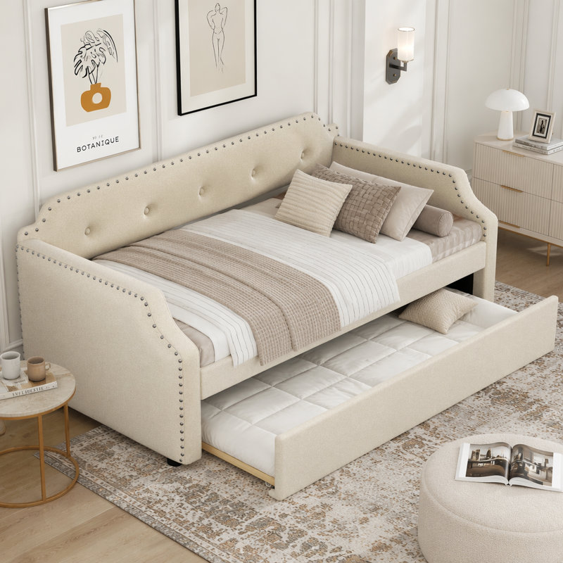 Lit de jour rembourré avec couchette et finition en lin élégant, Beige