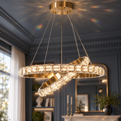 Lustre à anneaux de cristal dorés glamour à 2 lumières DEL de 25,6 po W avec intensité variable