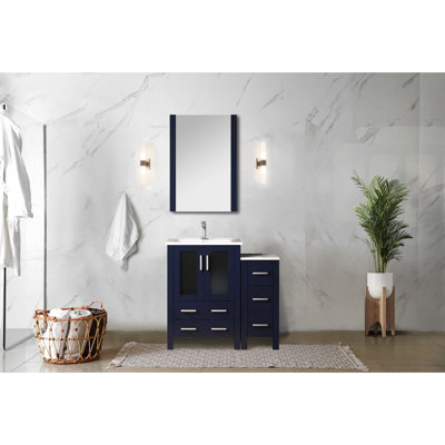 Navy Blue 36 In. Wide Single Bath Vanity With Side Cabinet, White Ceramic Top, And Soft - Closing Feature Five Drawers, Top