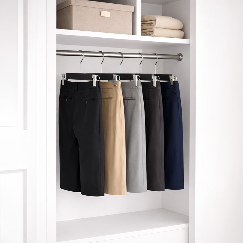  Ensemble de 5 cintres en bois pour pantalons et jupes avec pinces réglables, Noir