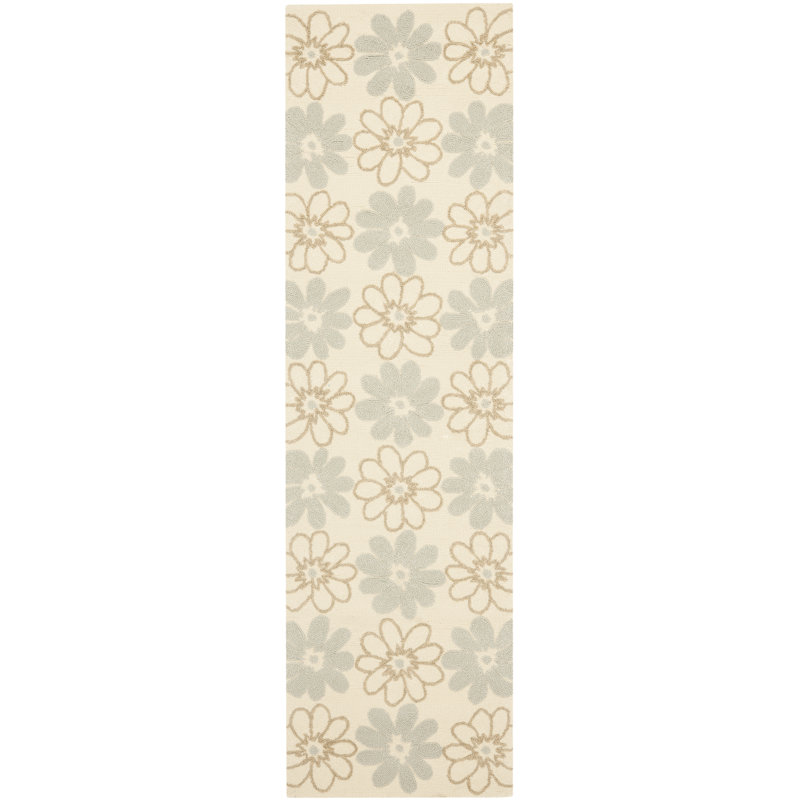 Tapis intérieur / extérieur ivoire / bleu clair crocheté à la main Doyle, Tapis de couloir 2 pi 3 po x 8 pi