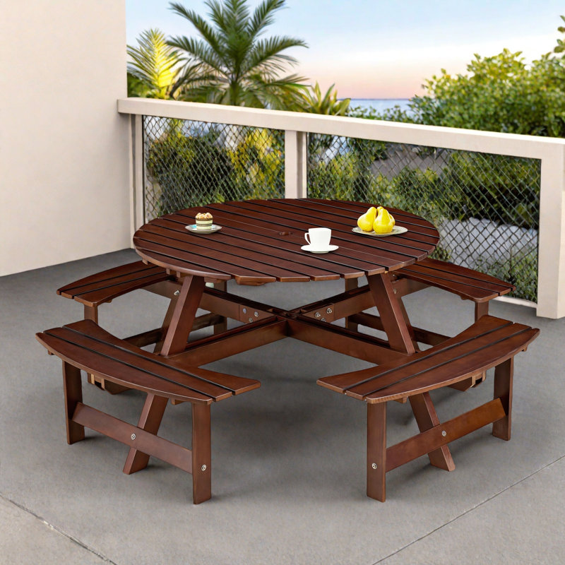Picnic Table Outdoor 8-person Picnic Table With 4 Built-in Benches And Umbrella Hole, Brown