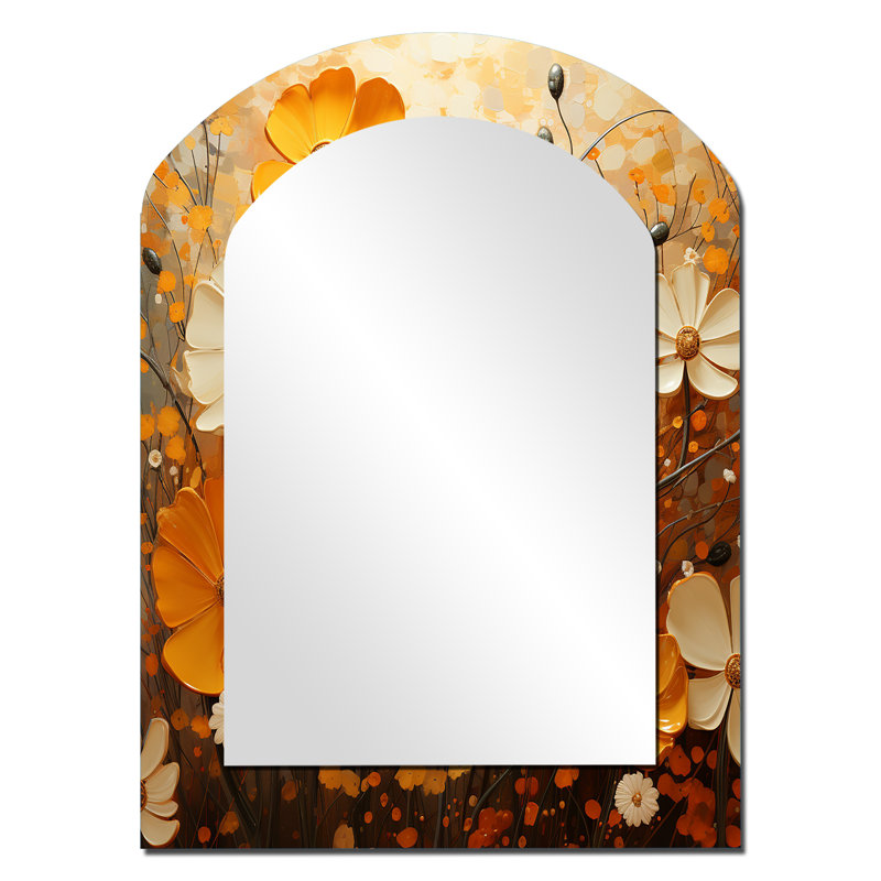 Or souci Marigold Melody IV - miroir arche souci, miroir mural asymétrique doré unique, impression d'art en métal