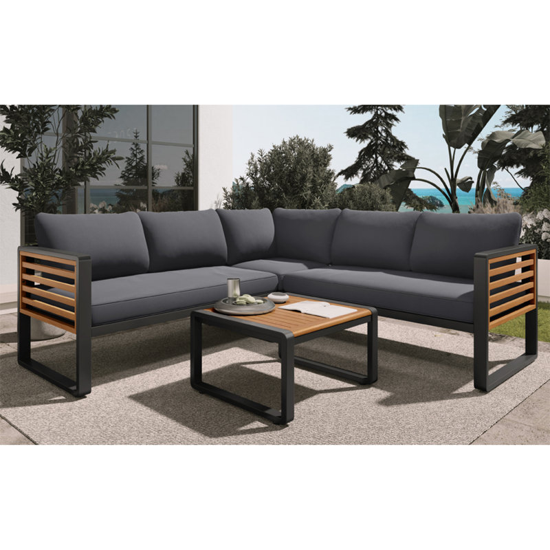 Ensemble d'extérieur en forme de L pour le confort, bois d'acacia et métal, design moderne pour les jardins et les terrasses