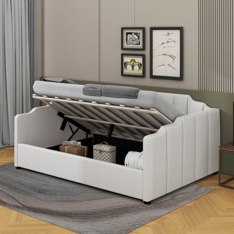 Full Size Upholstered Daybed With Underneath Storage, Beige