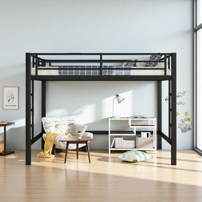 Metal Loft Bed, Loft Bed With Easy Climbing Ladder And Guardrails