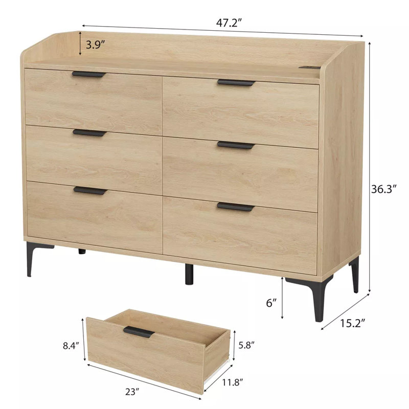 Commode 6 tiroirs pour la chambre à coucher, commode autoportante de 47,2 po de large avec prises de courant, commode de rangement en bois pour le salon