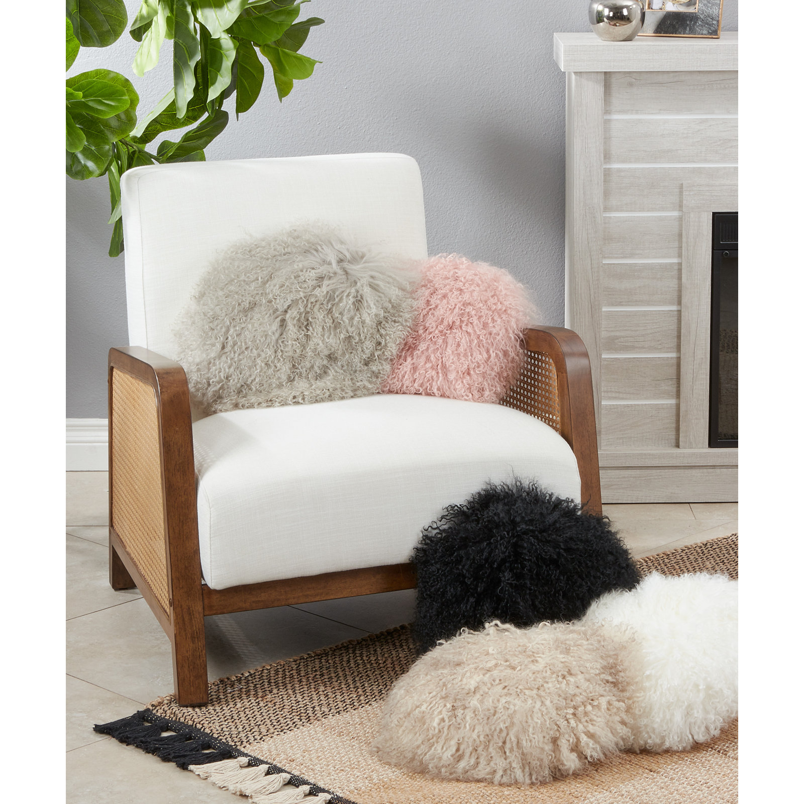Mongolian Lamb Pillows Throw Pillow, Ivory, 13"H x 13"W