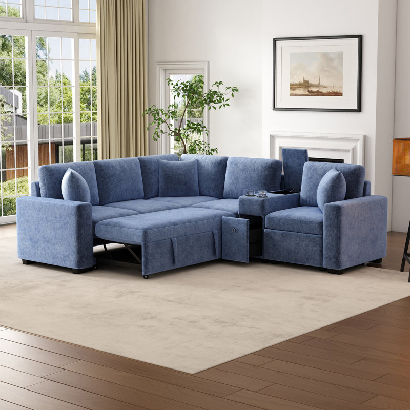 Canapé d'angle modulaire avec porte-gobelet, Bleu
