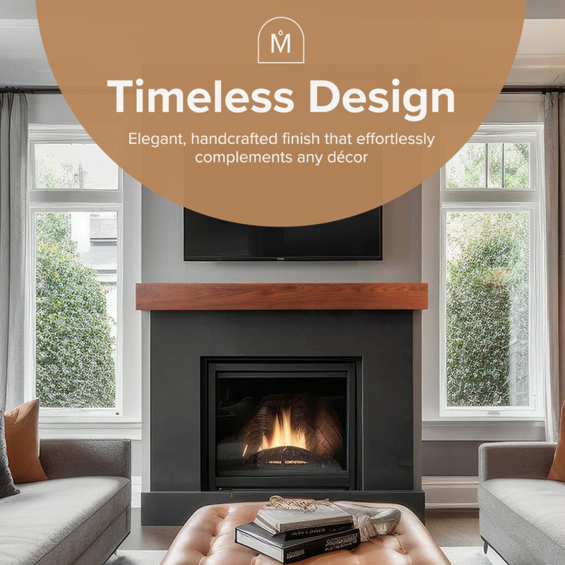 Modern Ember Walnut Creek Fireplace Mantel Shelf - 9" Depth, Close-Grain Details - Real Walnut Wood, 60", Matte Clear