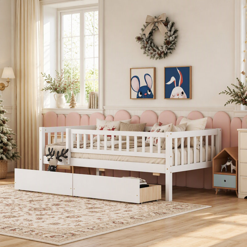 Lit de jour en bois polyvalent avec tiroirs de rangement et dossier ergonomique pour un confort optimal et un gain de place.