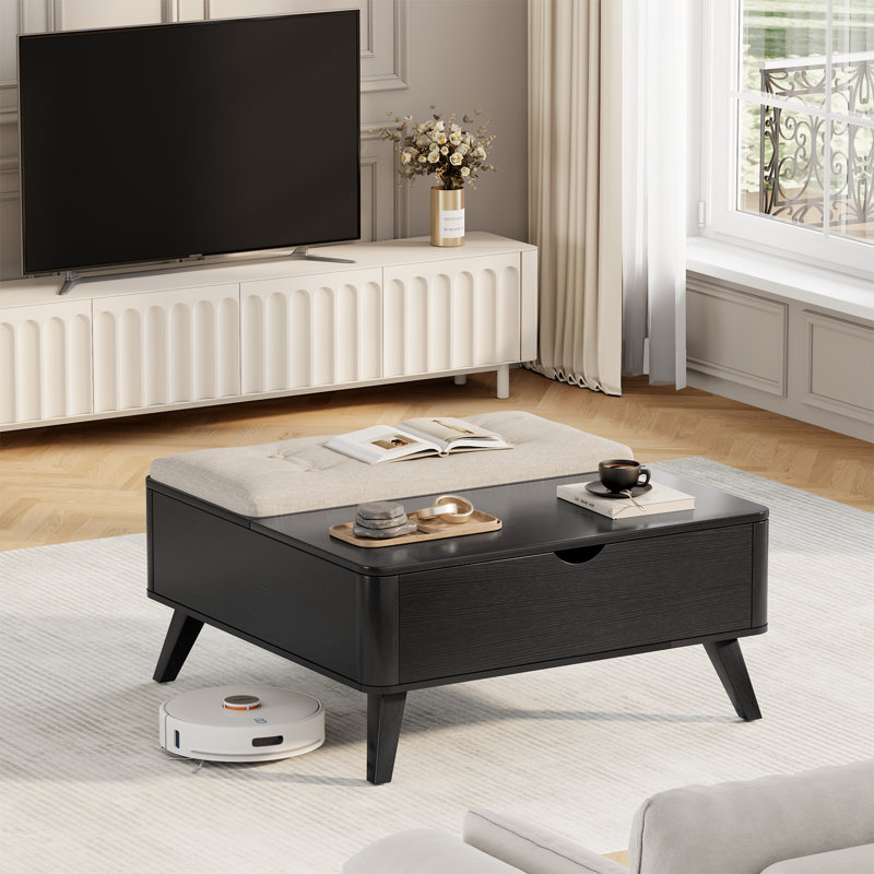 Table basse carrée en bois à plateau relevable avec rangement Table basse avec coussin épaissi, Noir