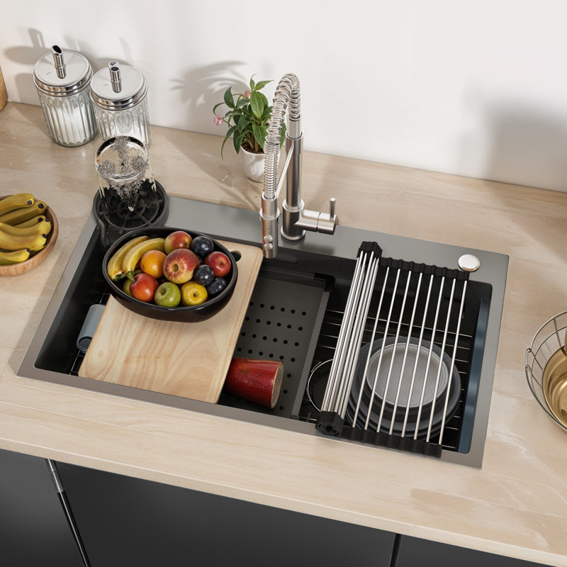 32" Stainless Steel Drop-In Kitchen Sink with Cup Washer and Nano Coating 
