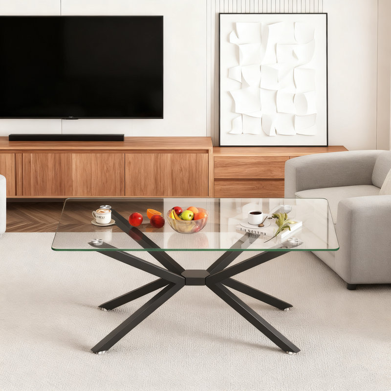 Table basse de 39,37 po rectangulaire en verre trempé transparent, design élégant avec pieds en métal, table basse de salon