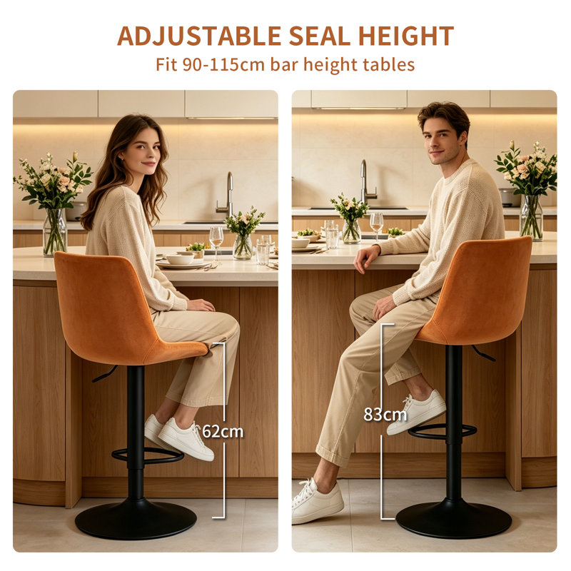 Adjustable Height Velvet/Suede Bar Stools with Gas Lift, Velvet Orange