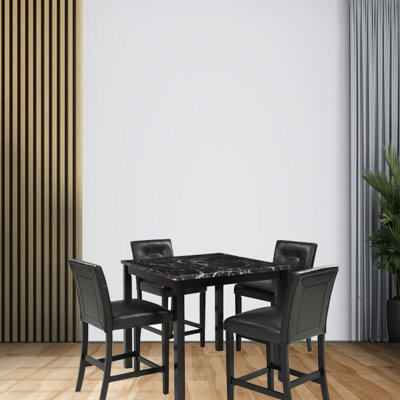 5-Piece Kitchen Table Set Marble Top Counter Height Dining Table Set With 4 Leather-Upholstered Chairs (Black) -  Orren Ellis, 64CF411300814D418456C35903CC4C0F