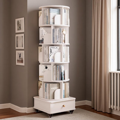 Bibliothèque rotative avec tiroir, bibliothèque d'angle à 6 niveaux à 360 degrés pour les petits espaces, étagère de rangement sur pied, rangement étroit en bois pour la chambre à coucher et le salon