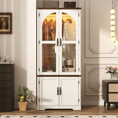 Tall Farmhouse Armoire With Led Lighting, 72" Freestanding Arched Wardrobe Cabinet With Glass Doors, Wooden Clothing Storage Closet For Bedroom