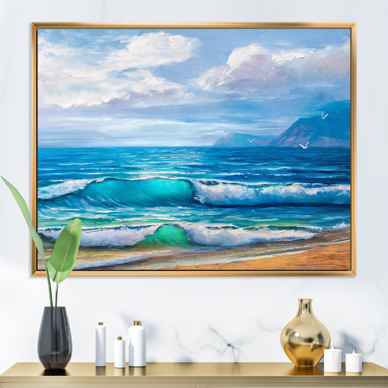 Lumière reflétant les vagues de la mer sur le rivage - peinture sur toile, H 12 po x l 20 po, Cadre flottant doré