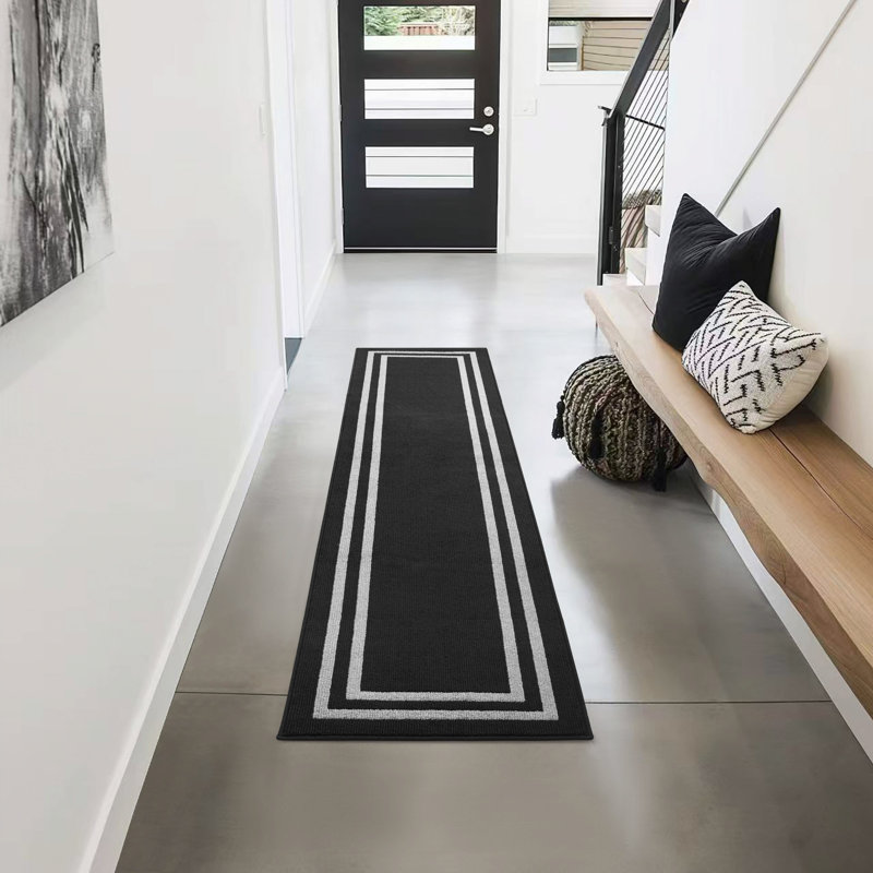 Double Border Machine Tufted Performance Black/Twisted Grey  Rug, Rectangle 2'6" x 10'