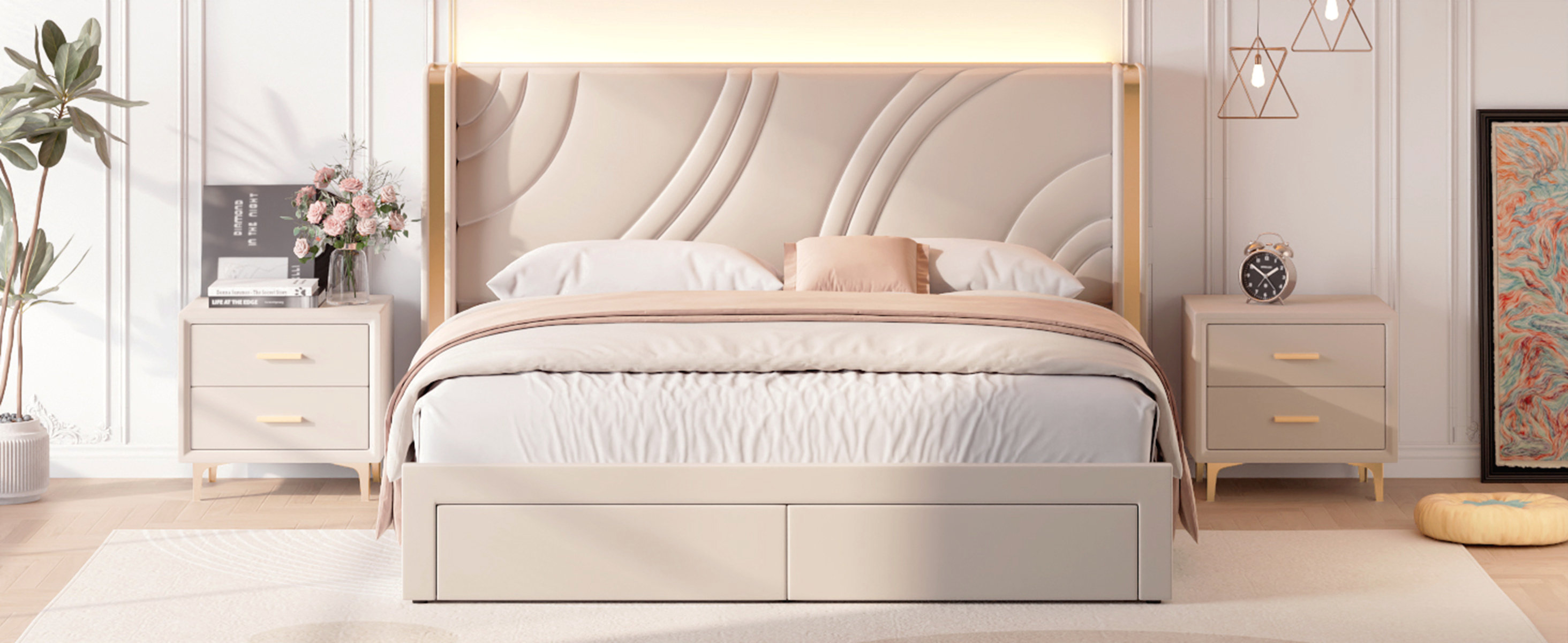 Hokku Designs Modern Upholstered LED Bed Frame with Storage Drawers ...