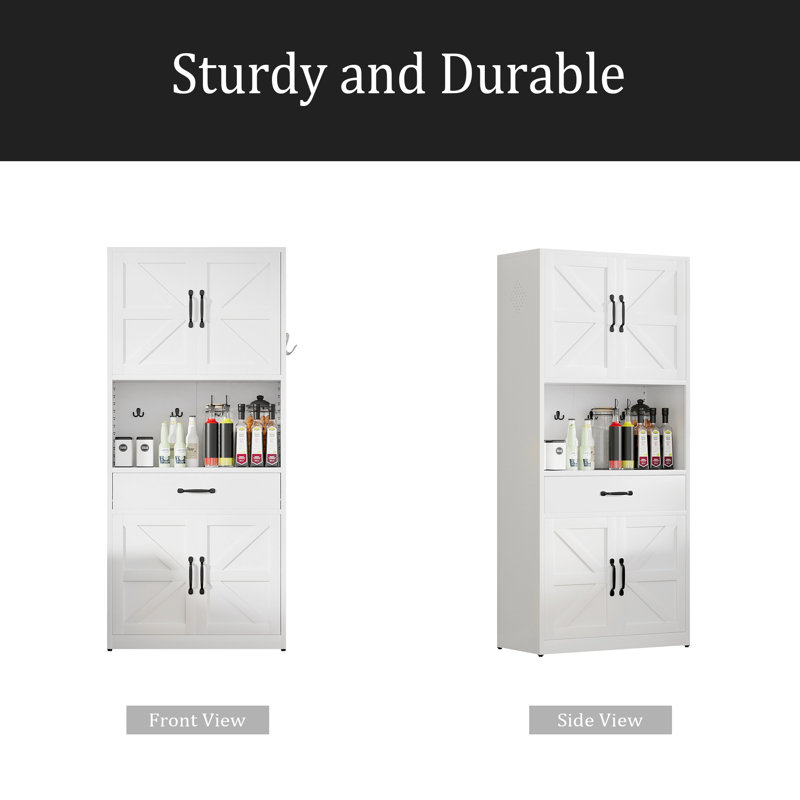 Armoire de rangement de 71 po de hauteur en acier blanc avec grand comptoir, tablettes réglables, tiroirs et crochets, armoire robuste de style moderne