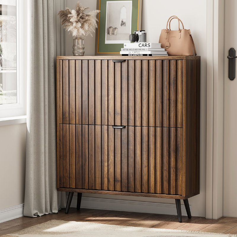 Shoe Storage Cabinet with Adjustable Shelves for Entryway Freestanding 16-20 Pairs Slim Shoe Organizer, 31.5"W, Walnut