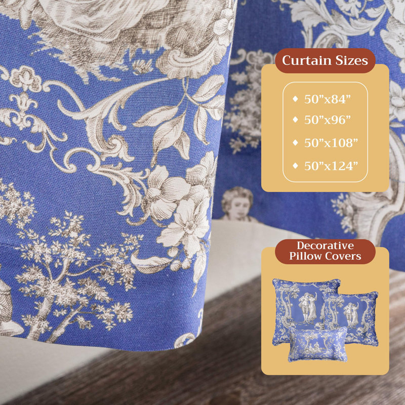 Maison d' Hermine Curtains for living room 100% Cotton 108 inch length Two Panels Light Filtering Toile Curtains for Bedroom Windows with rod and loop Pockets Drapes (Joli Jouy Blue, 50"W x 108"L)