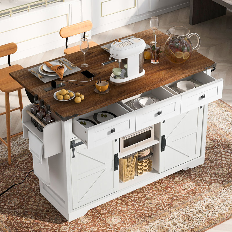 53.7" Farmhouse Kitchen Island With Power Outlet, White