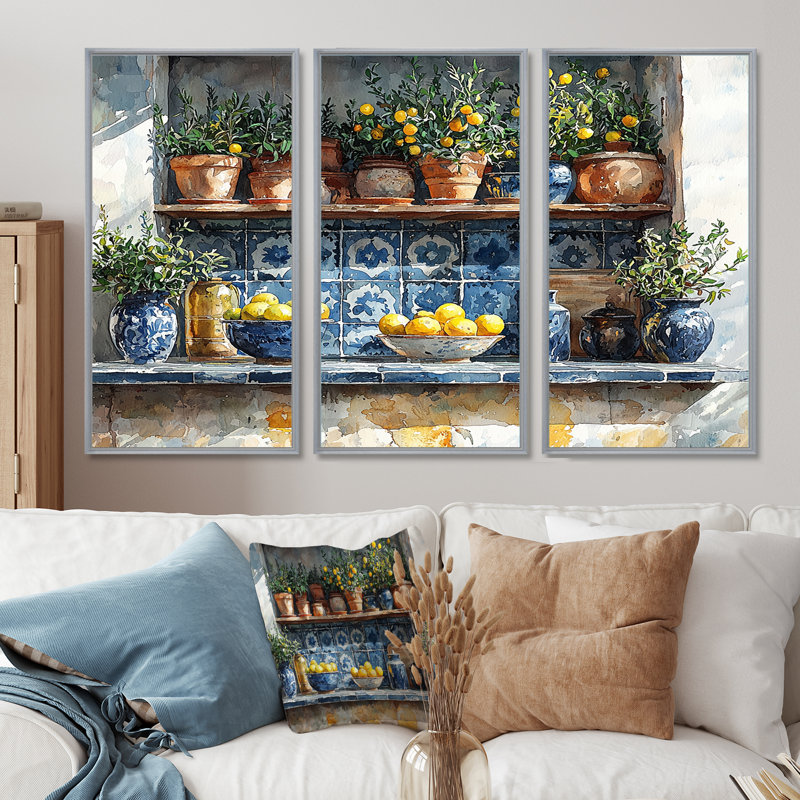 Blue and Yellow Kitchen Greek Kitchen - Ensemble de salon d'art mural de cuisine, Toile argentée avec cadre flottant