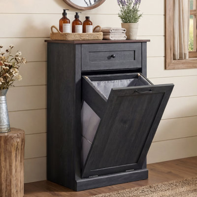 Ahart Tilt Out Laundry Hamper Cabinet, Farmhouse Laundry Basket Cabinet with Drawer, Hidden Wood Cabinet with Laundry Storage Basket for Bathroom, Kitchen