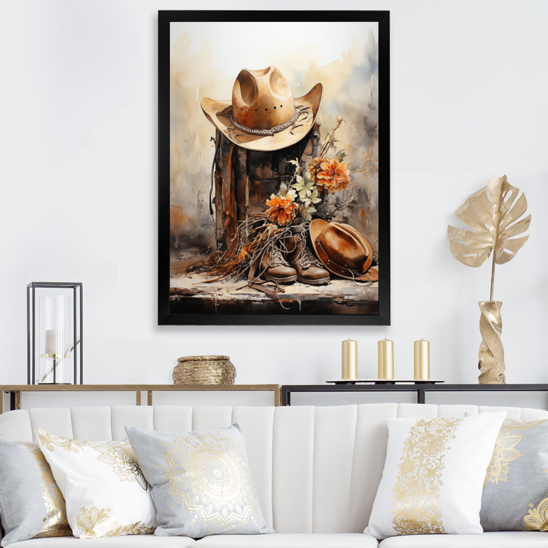 Yerly minimalisme, chapeau de cowboy et botte II - Cowboys, art mural, Cadre photo noir, H 40 po x l 30 po x P 1,5 po