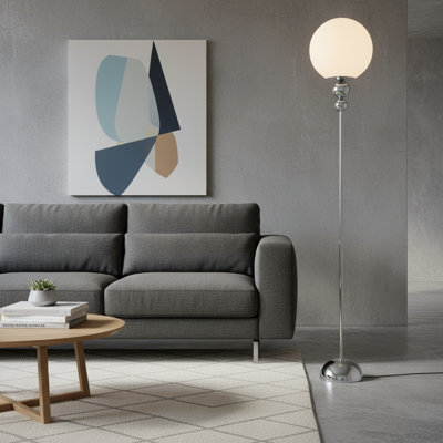 Modern Minimalist Floor Lamp With White Globe Shade And Chrome Metal Sphere Accents