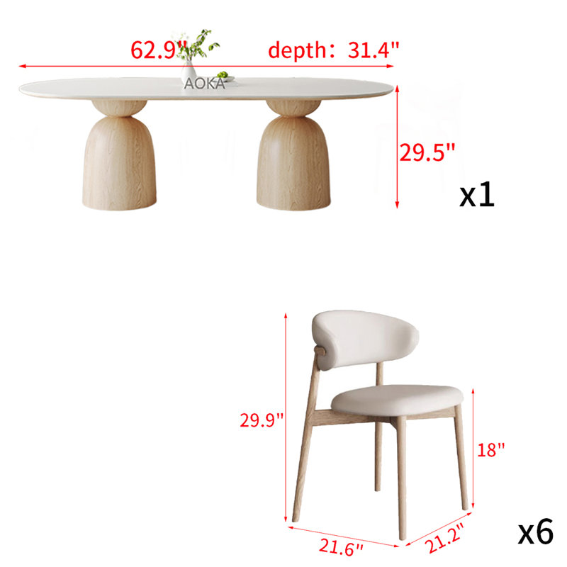 Ensemble de table ronde en bois massif de style italien 94,4 po, 7 pièces : table, 6 chaises